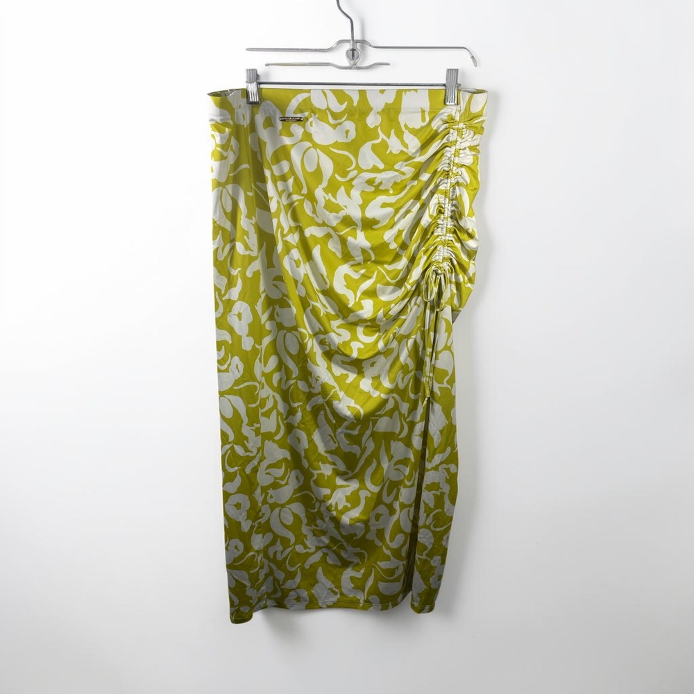 Marc New York Andrew Marc Ruched Midi Skirt Green White Abstract Floral Large